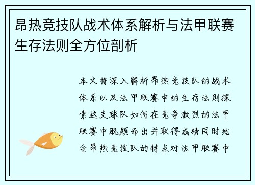 昂热竞技队战术体系解析与法甲联赛生存法则全方位剖析