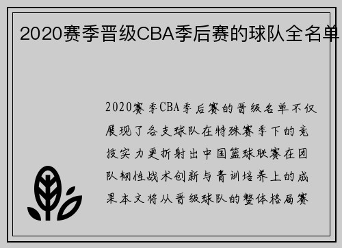 2020赛季晋级CBA季后赛的球队全名单