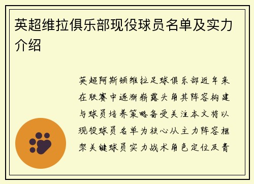 英超维拉俱乐部现役球员名单及实力介绍